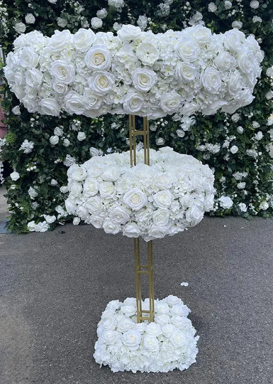 Three Tier Flower Stand with Attached Voluminous Hydrangeas and Roses Wreathes