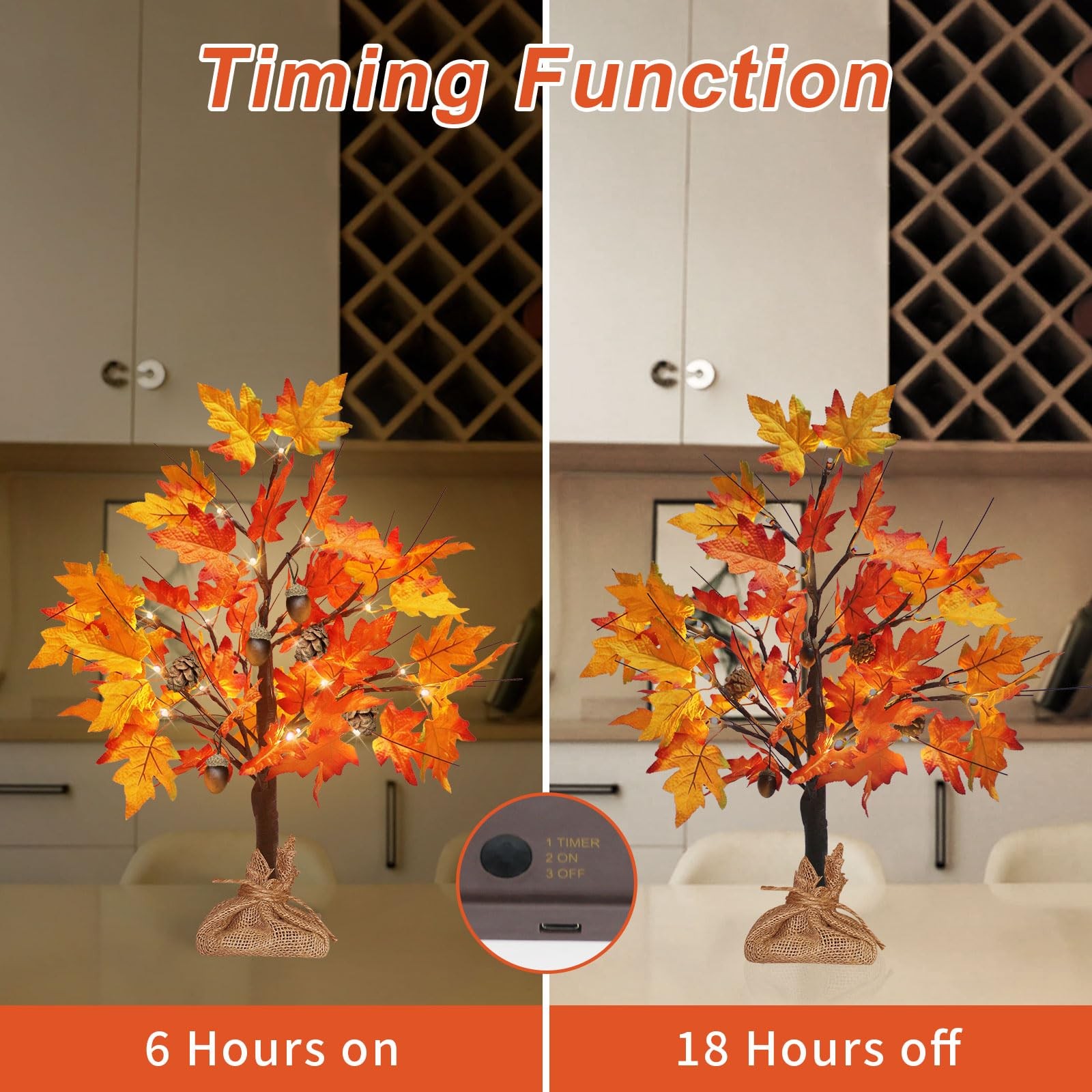 2FT 24 LED Fall Tree Lights USB/Battery Powered Lighted Maple 48 Leaves