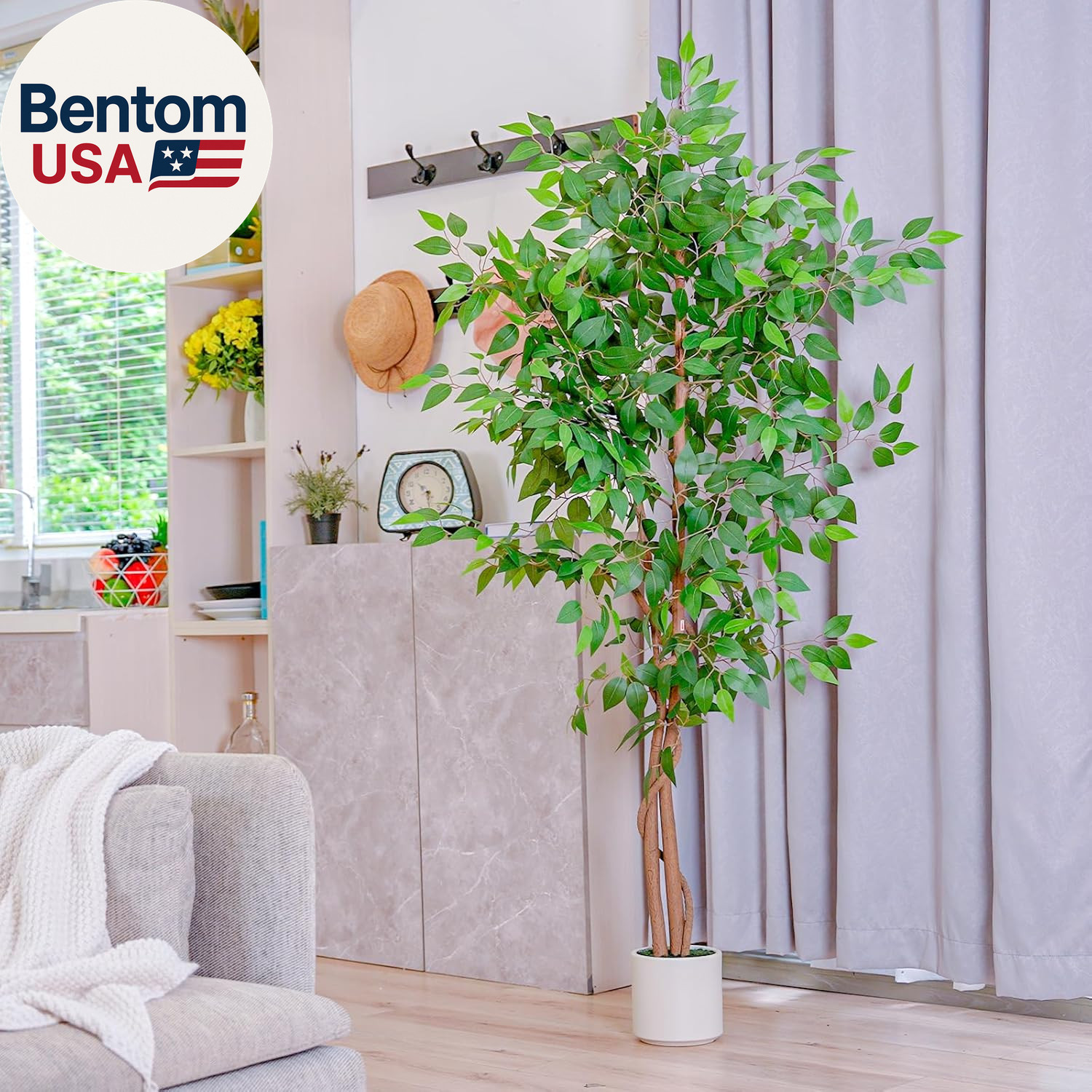 6FT Artificial Ficus Tree with White Planter, Realistic Faux Silk Indoor Outdoor