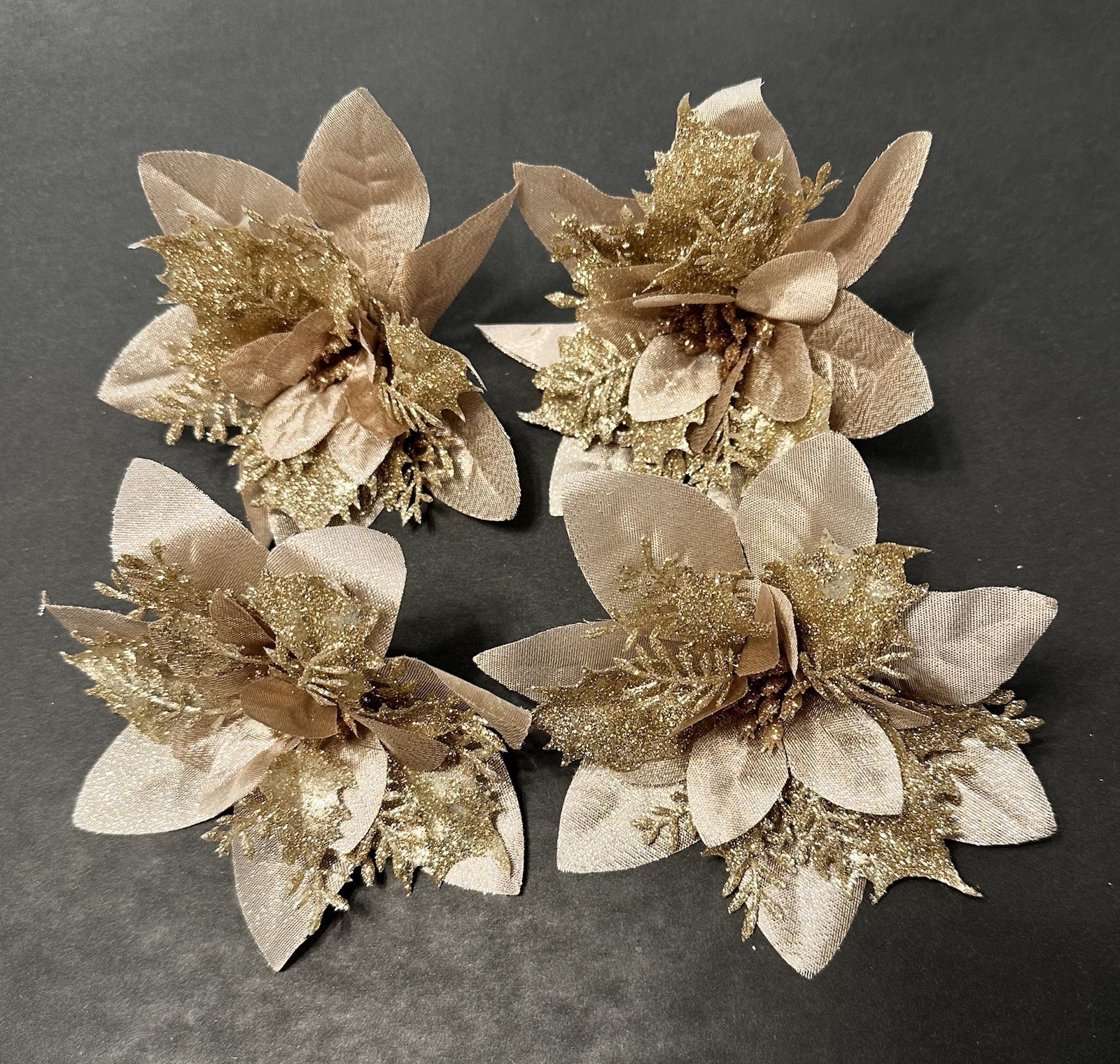 18 Champagne Tinted Glitter Christmas Accents Poinsettias Butterflies & Clips