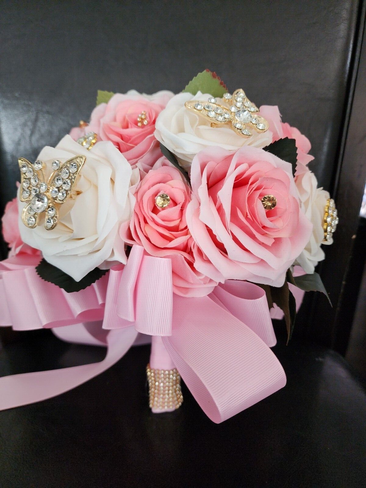Pink & Ivory Luxury Bouquet with butterfly pendants for Quinceneras & Weddings