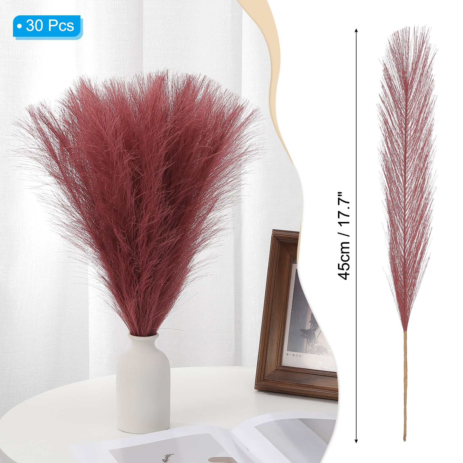 17.7in Pampas Grass Decor 30pcs Artificial Grass Bulk Fluffy Faux Dried Dark Red