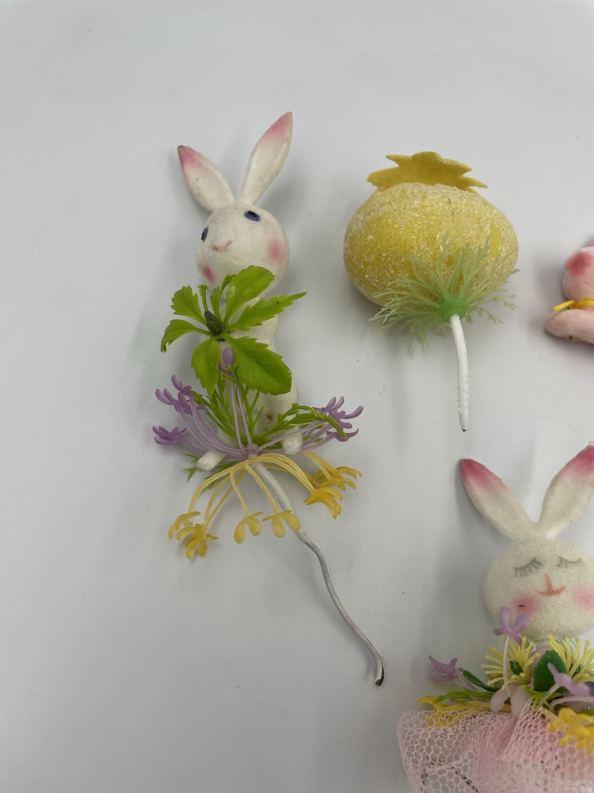 5 VTG Lot Flocked Easter Bunny Rabbit, Egg, Floral Pick Plastic Decoration A20