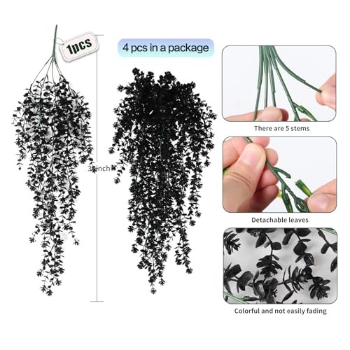 Pack of 4 Small Faux Plants – Artificial Hanging Plants – Indoor – Black
