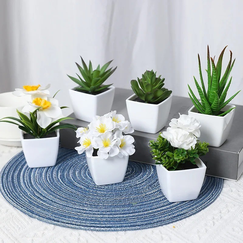 6PCS Artificial Mini Bonsai Plants Potted Greenery Home Office Desk Decor DIY