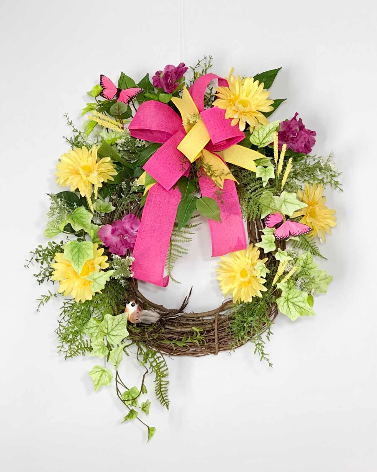 SPRING SUMMER GRAPEVINE BRIGHT YELLOW WREATH DECORATION RIBBON BOW HANDMADE NEW
