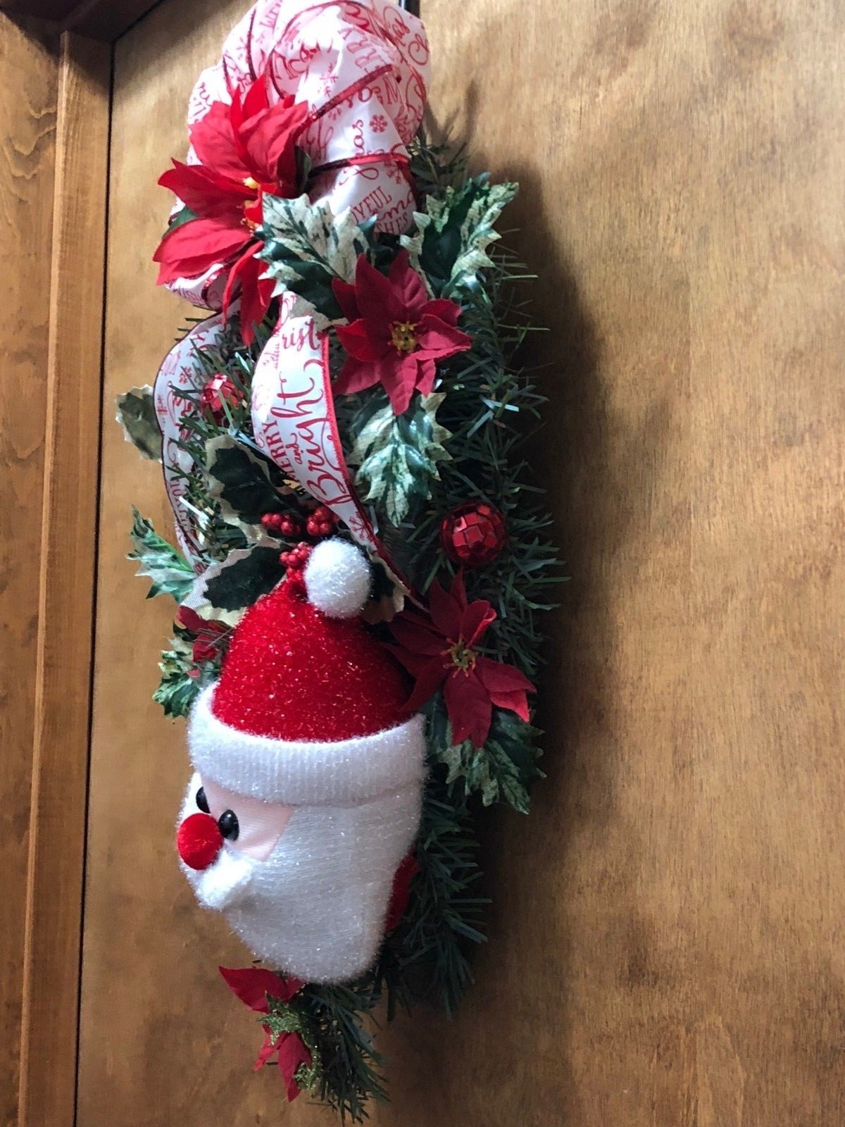 Christmas Tear Drop Door Swag Wreath Santa Poinsettia Red Bow Holly berries