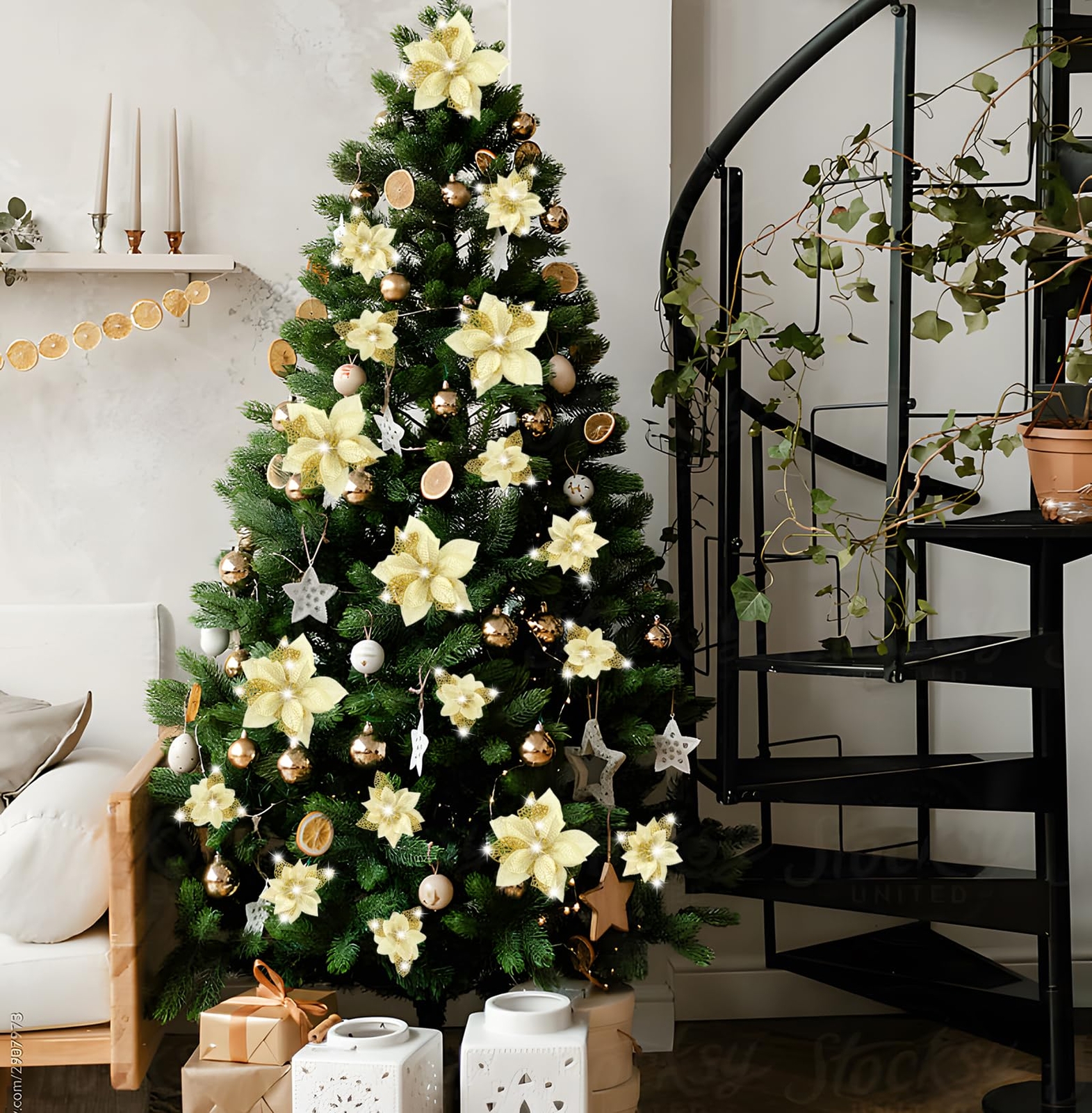 Christmas Poinsettia Decorations 28pcs Gold Glitter Tree Ornaments Clips