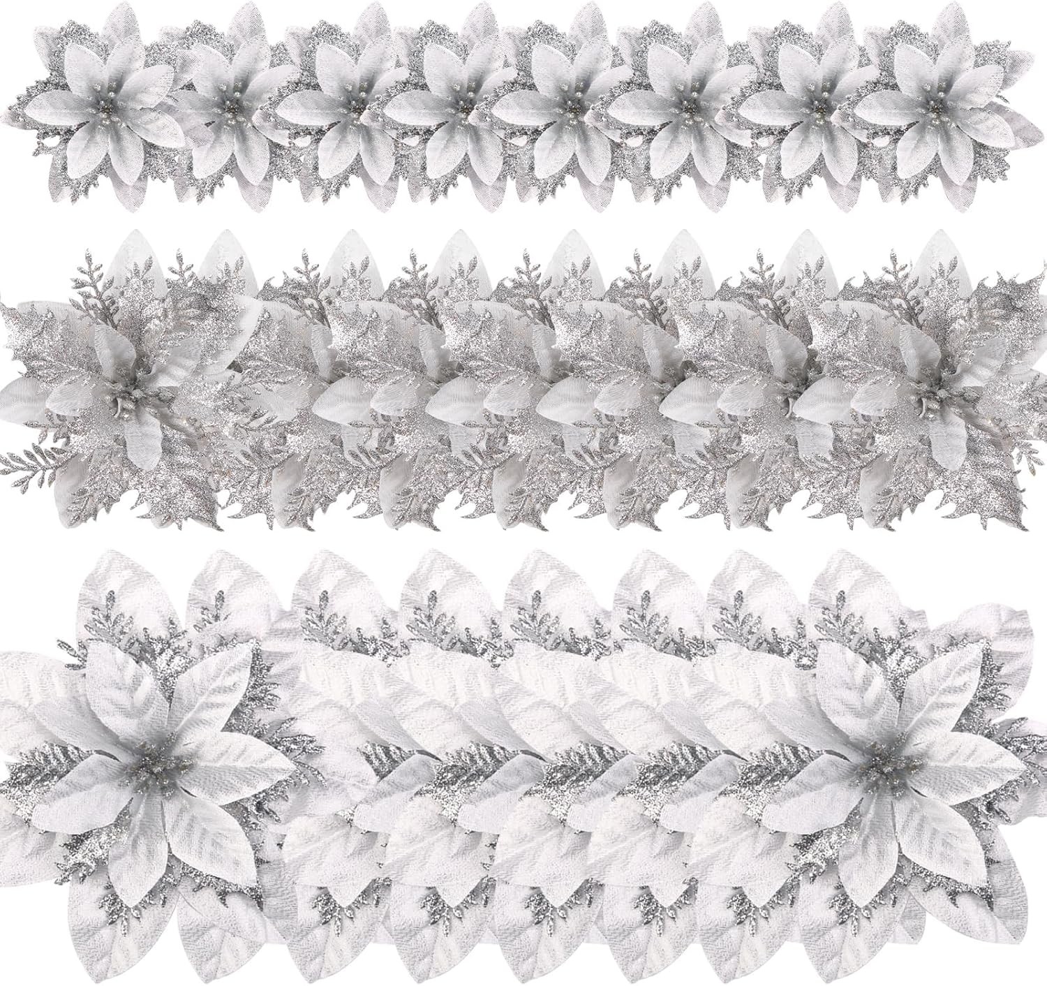 12 Pcs Glitter Poinsettia 5.5″ Artificial Flowers Christmas with Clips Stems …