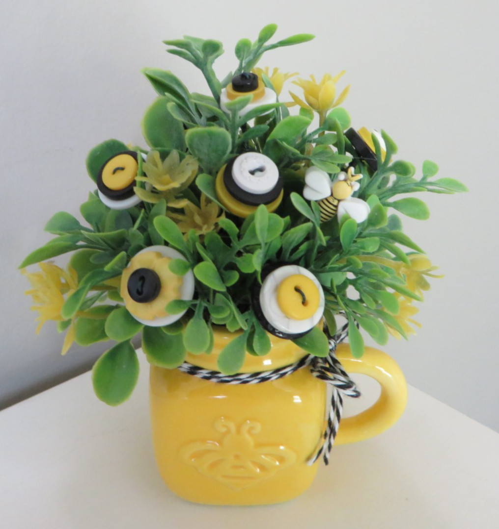 Button Flower Bouquet in MINI Bee Themed Espresso Mug – Summer Home Decor #648