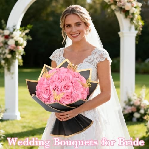 Glitter Roses Bouquet, DIY Fake Flowers Bouquet, Everlasting Shiny 24pcs Pink