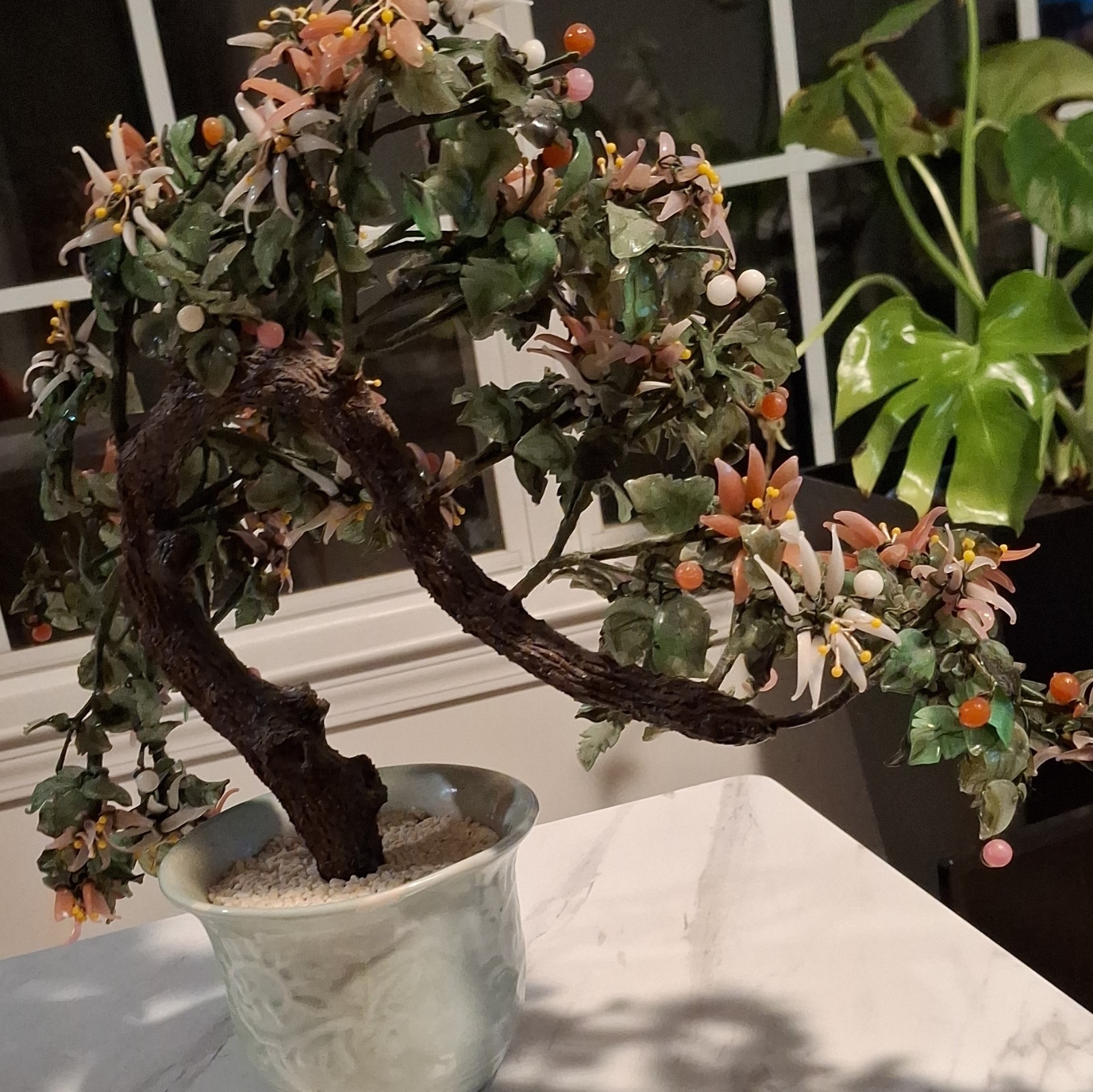 Vintage XLarge Chinese Jade Quartz Bonsai Tree Celadon 19×36” CHERRY Blossoms.