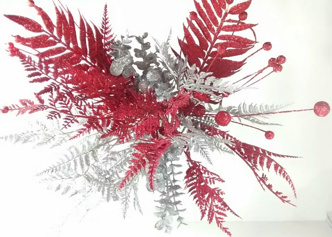 Set Of 6 Mixed Metallic Glitter Red & Silver Berry Sprays Floral Decoration