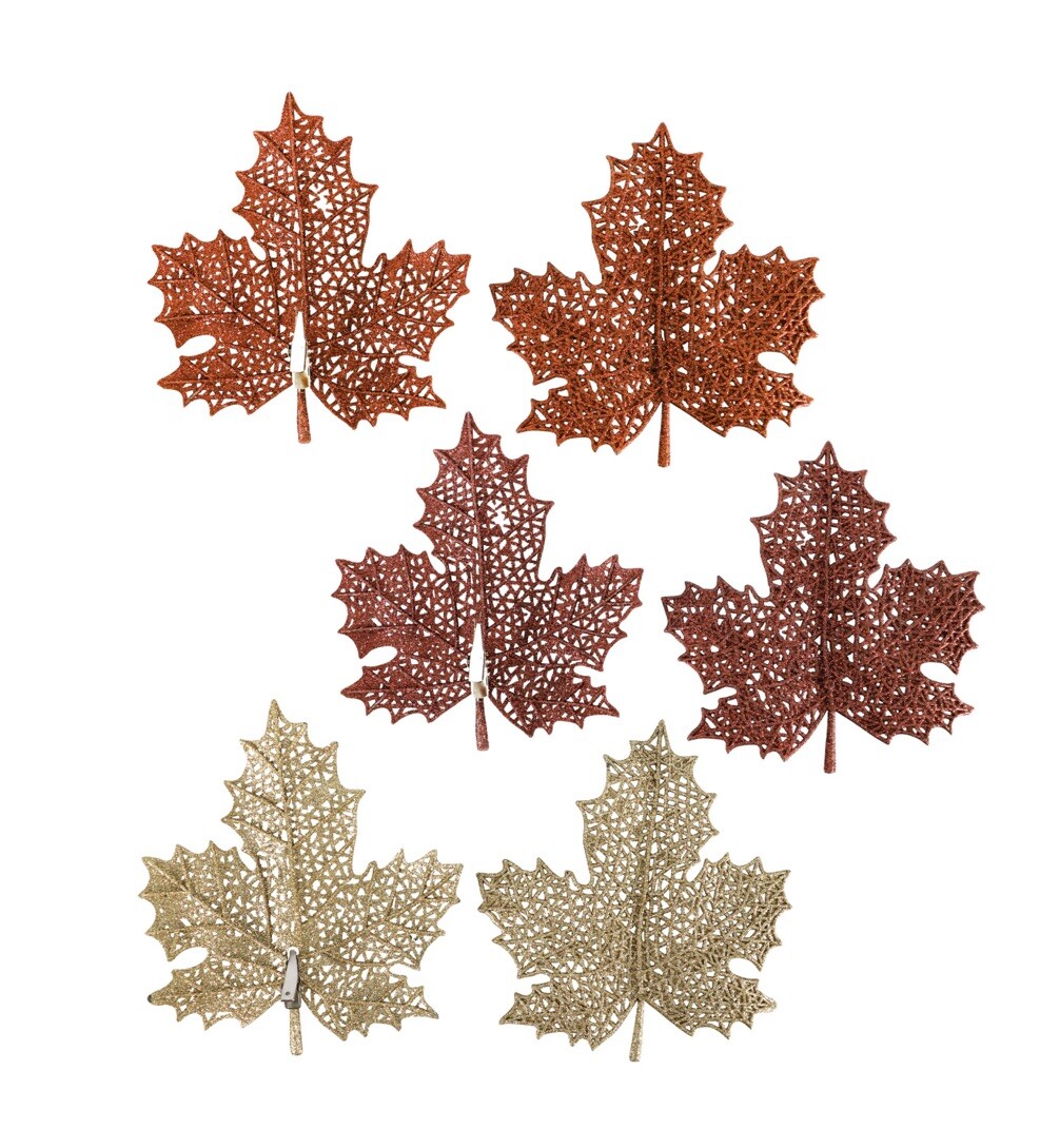 Glittery Plastic Maple Leaf Decorations w/Metal Clips 6PK Fall Autumn Decoration