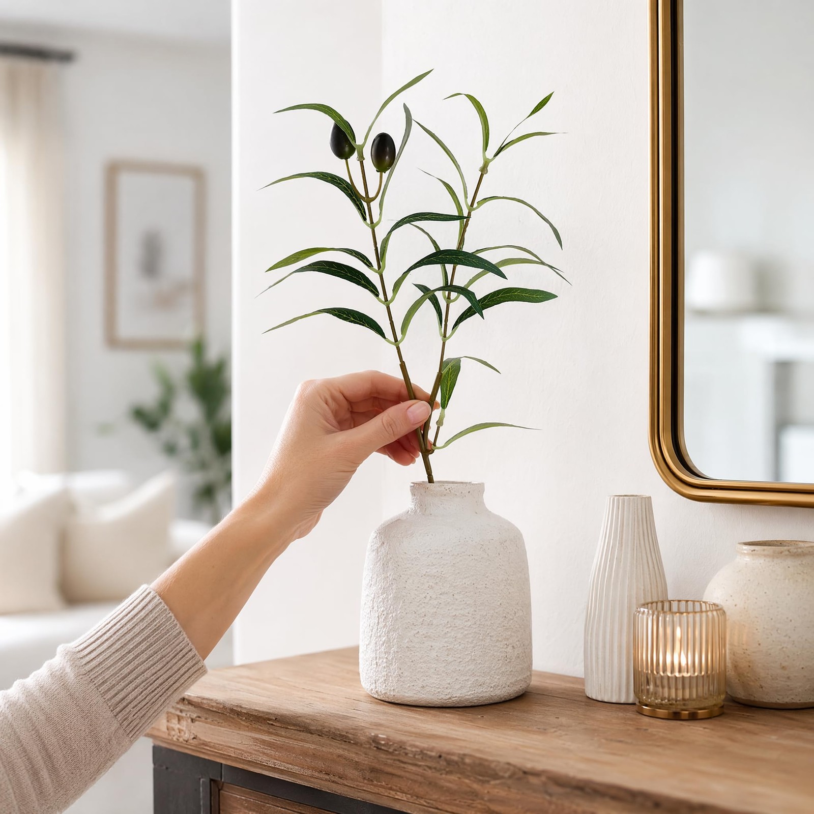 Artificial Olive Branches Faux Twigs Fruits Vase Home Decor 12.5 In 38 PCS
