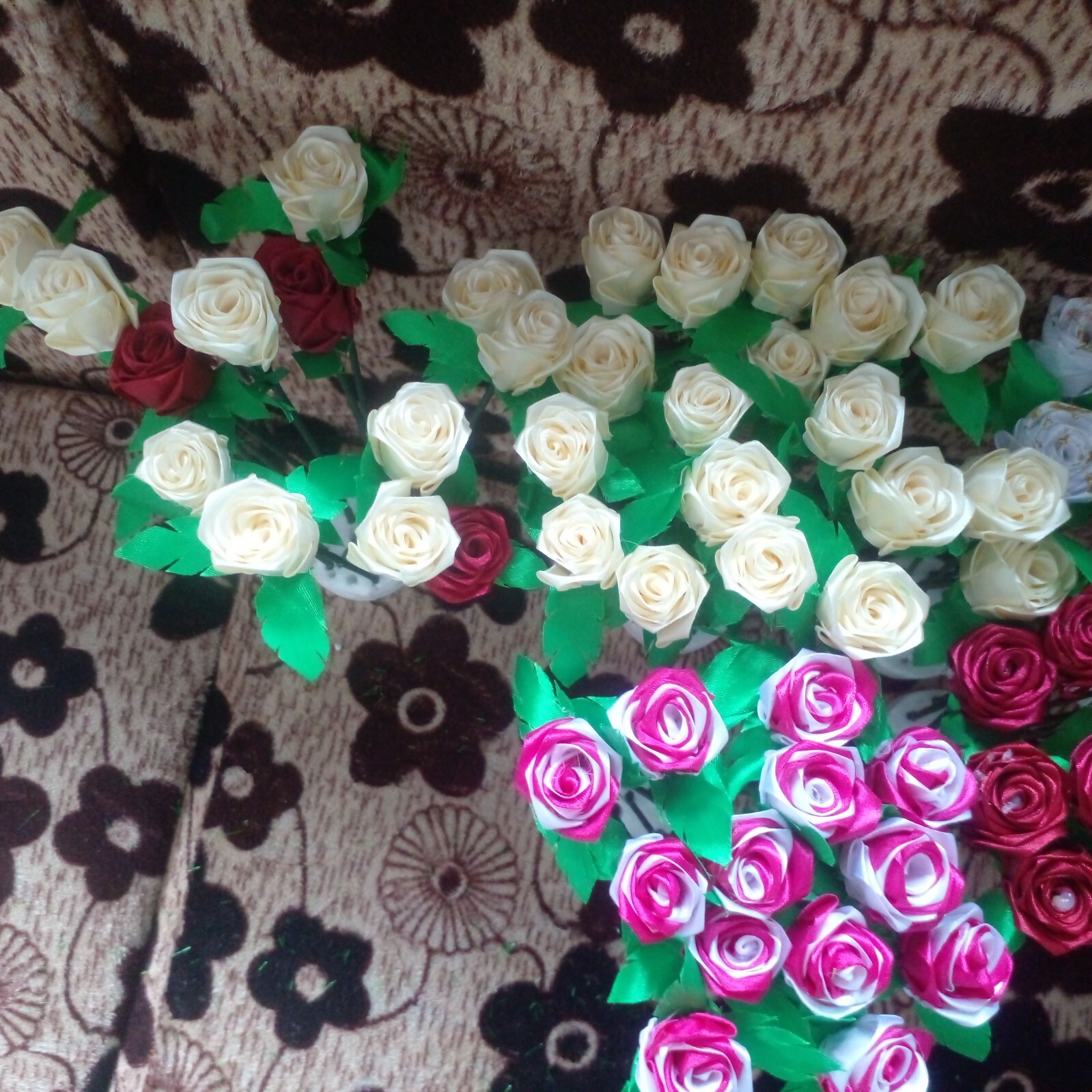 RIBBON ROSE FLOWERS Satin Lot Multicolour DIY Craft Handmade Artificial 5pcs Sti