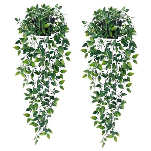 Fake Hanging Plants with Pot Deep Green Eucalyptus Leaves 2Pcs Mandala Vines