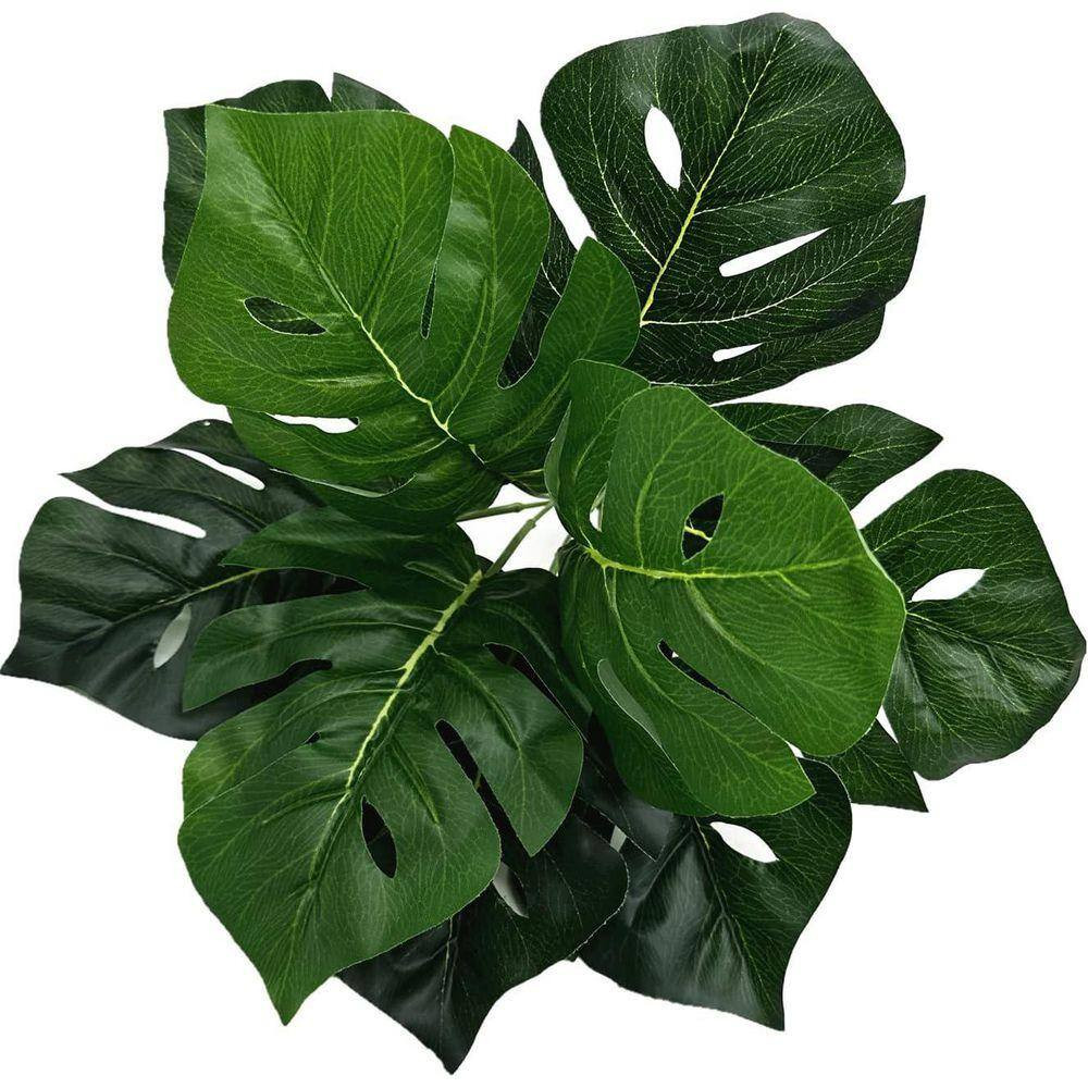 12 In. Artificial Green Indoor/Outdoor Tropical Monstera Plant Faux Palm Leaves