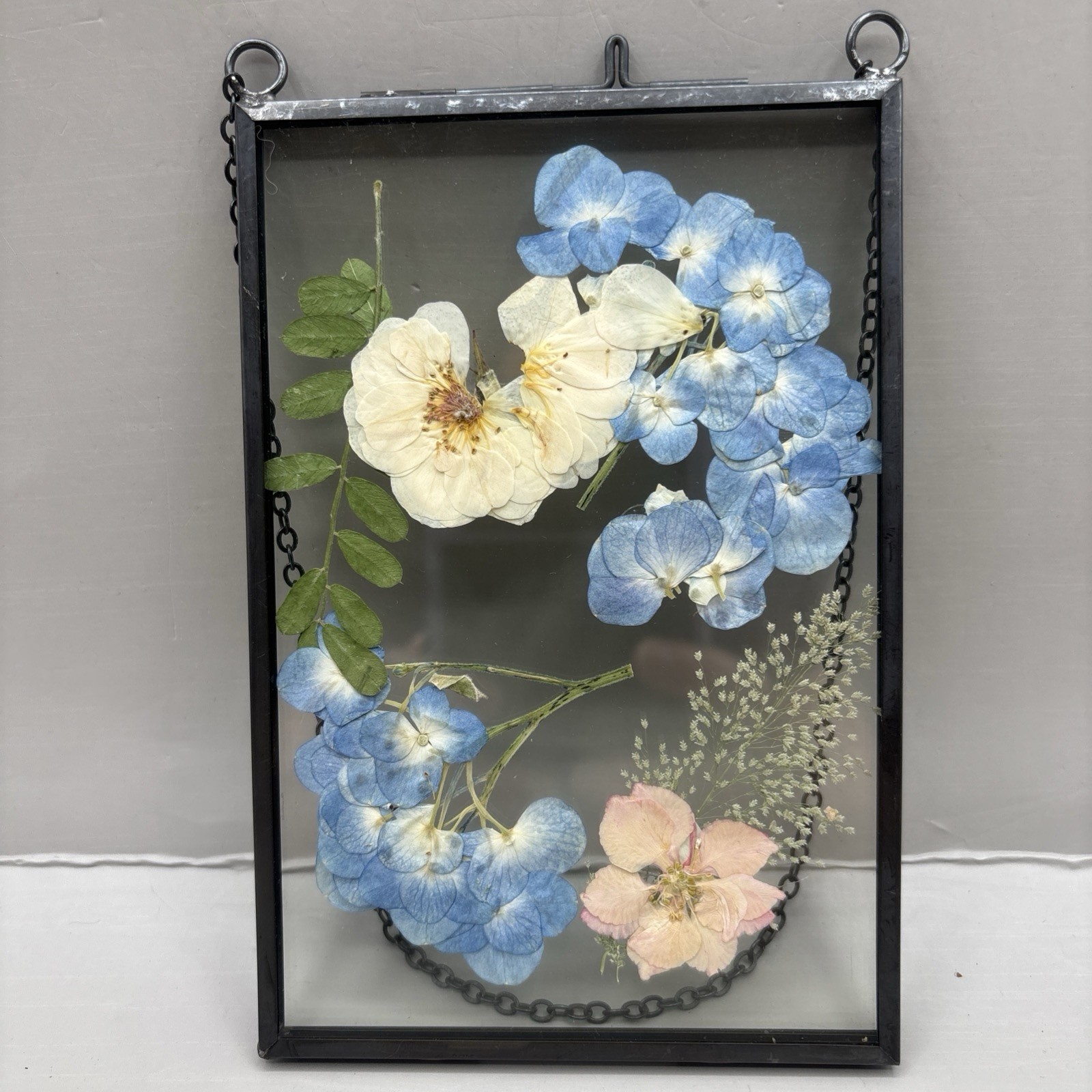 Vintage Lasting Impressions Real Dried Pressed Flowers In Glass W/ Metal Frame