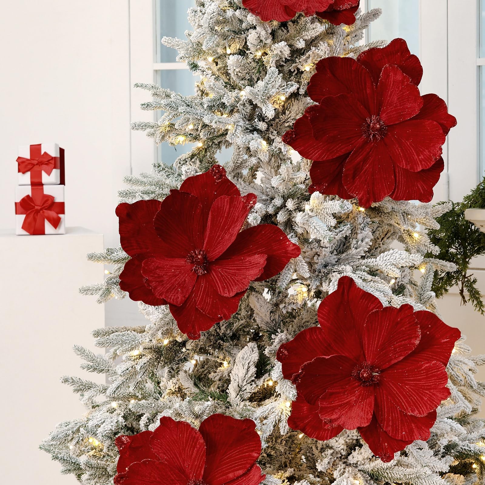 6 PCS Burgundy Large 16 Inch Magnolia Flowers Christmas Tree Decoration