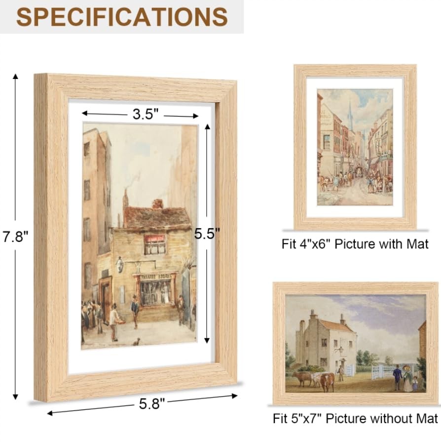 Picture Frame, Solid Wood Frame with Plexiglass, Includes 4×6 Mat, 5×7 Natural