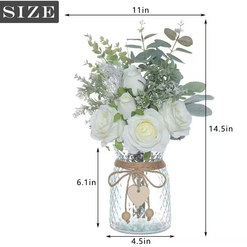 Faux Flowers with Vase 14.5 In. White Artificial Silk Roses Eucalyptus Flower Ar