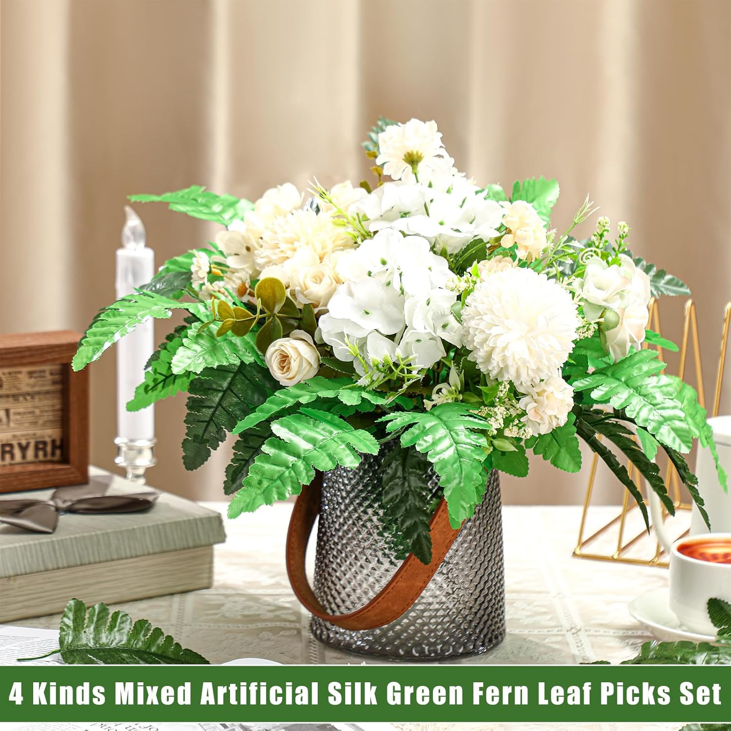 48 Pcs Spring Artificial Silk Leather Leaf Fern Stems 4 Styles Wedding Greenery