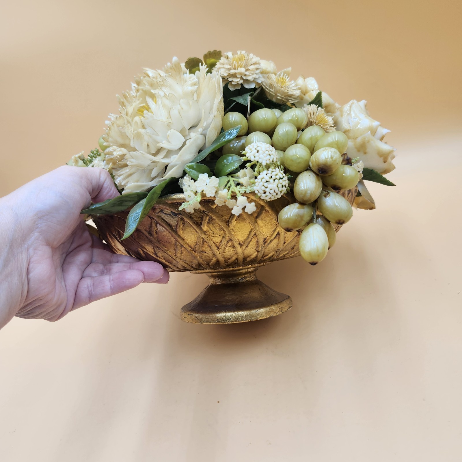 Vintage gold bowl artificial flower fruit arrangement white green Mid Century