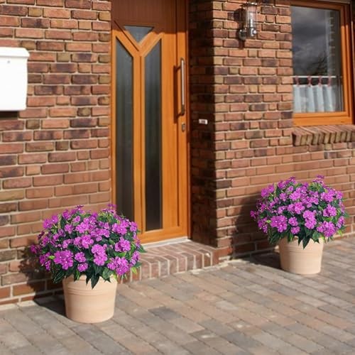 Artificial Impatiens Flowers 4 Stems Purple UV Resistant Plastic 13.5 in