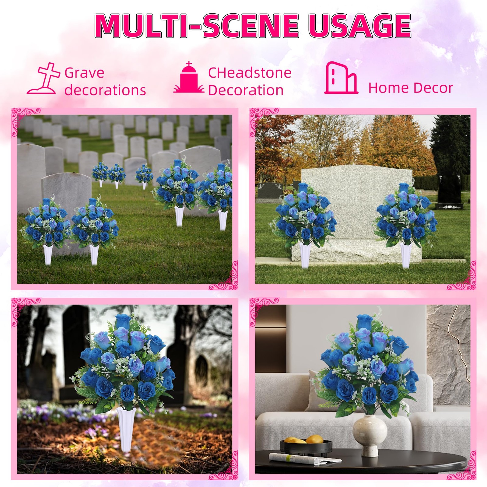 Set of 2 Artificial Cemetery Flowers, Grave Memorial Flowers with Vase, Outdo…