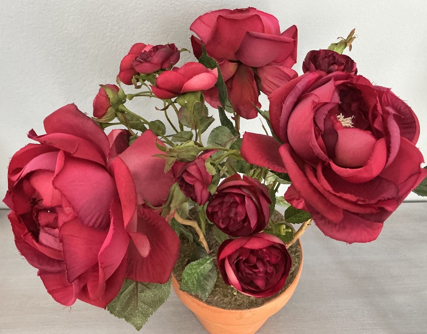 Realistic Artificial Camellia Red Roses Floral Arrangement Terracotta Pot 15’’