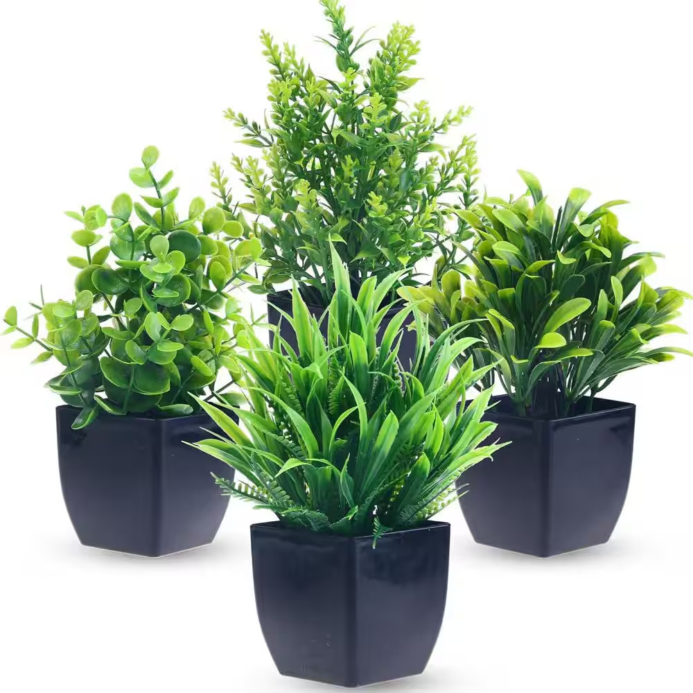 Fake Plants in Black Pot Garden Statue, 4-Pack