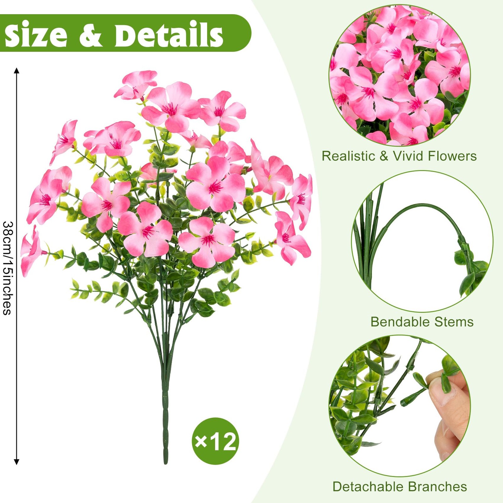 12 Pcs Artificial Geranium Flowers for Outdoors, Silk Fake Flowers with Eucal…