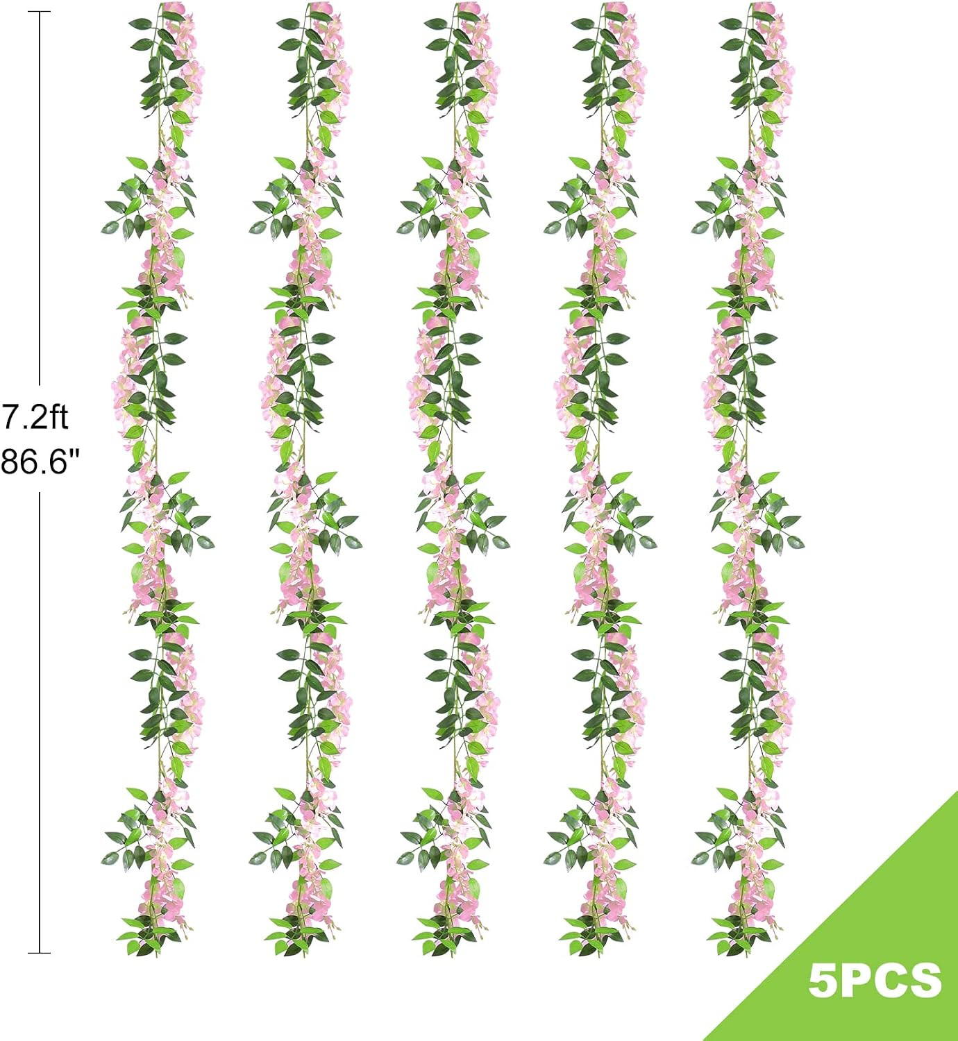 Wisteria Artificial Flowers Garland, 5Pcs Total 36FT Pink Wisteria Hanging Flowe