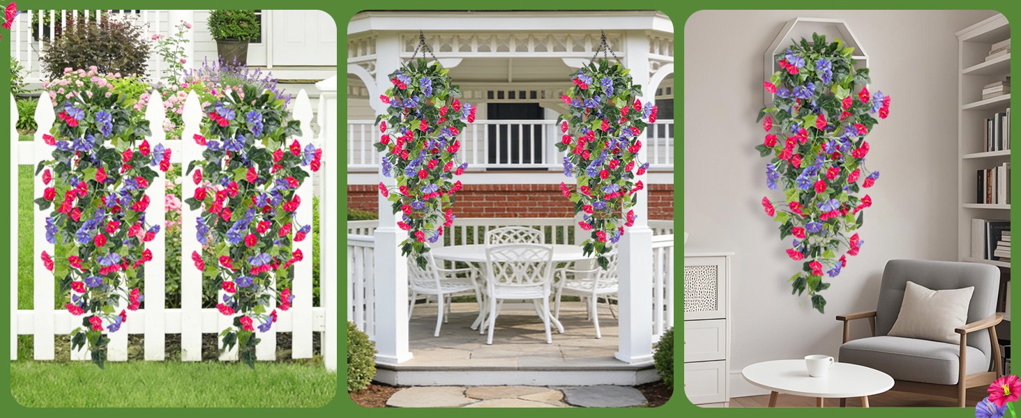 Artificial Fake Hanging Flowers Plants, Faux Silk Morning Glory with Ivy Vines,