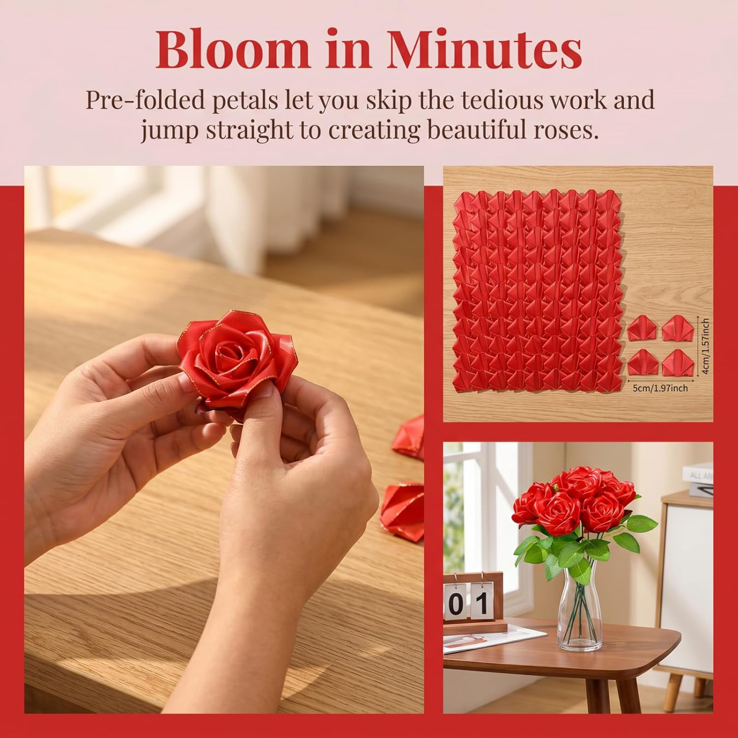 DIY Luxury Forever Flowers: 300Pcs Baby Pink Satin Petals with Elegant Gold Edgi