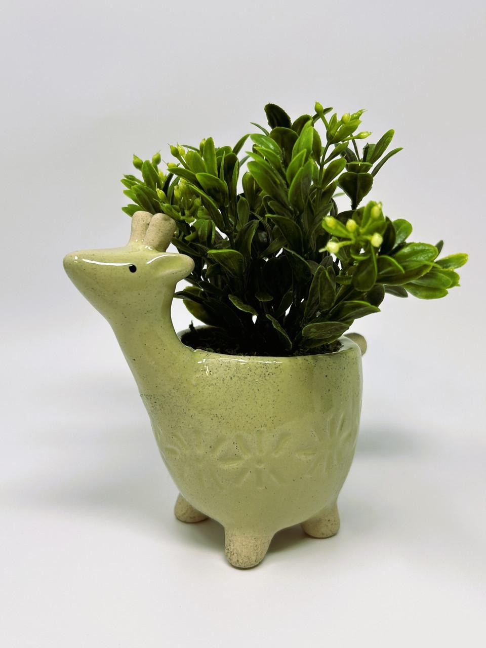 Mini 6″ Artificial Boxwood plastic plant potted in Ceramic DEER Giraffe Pot, han