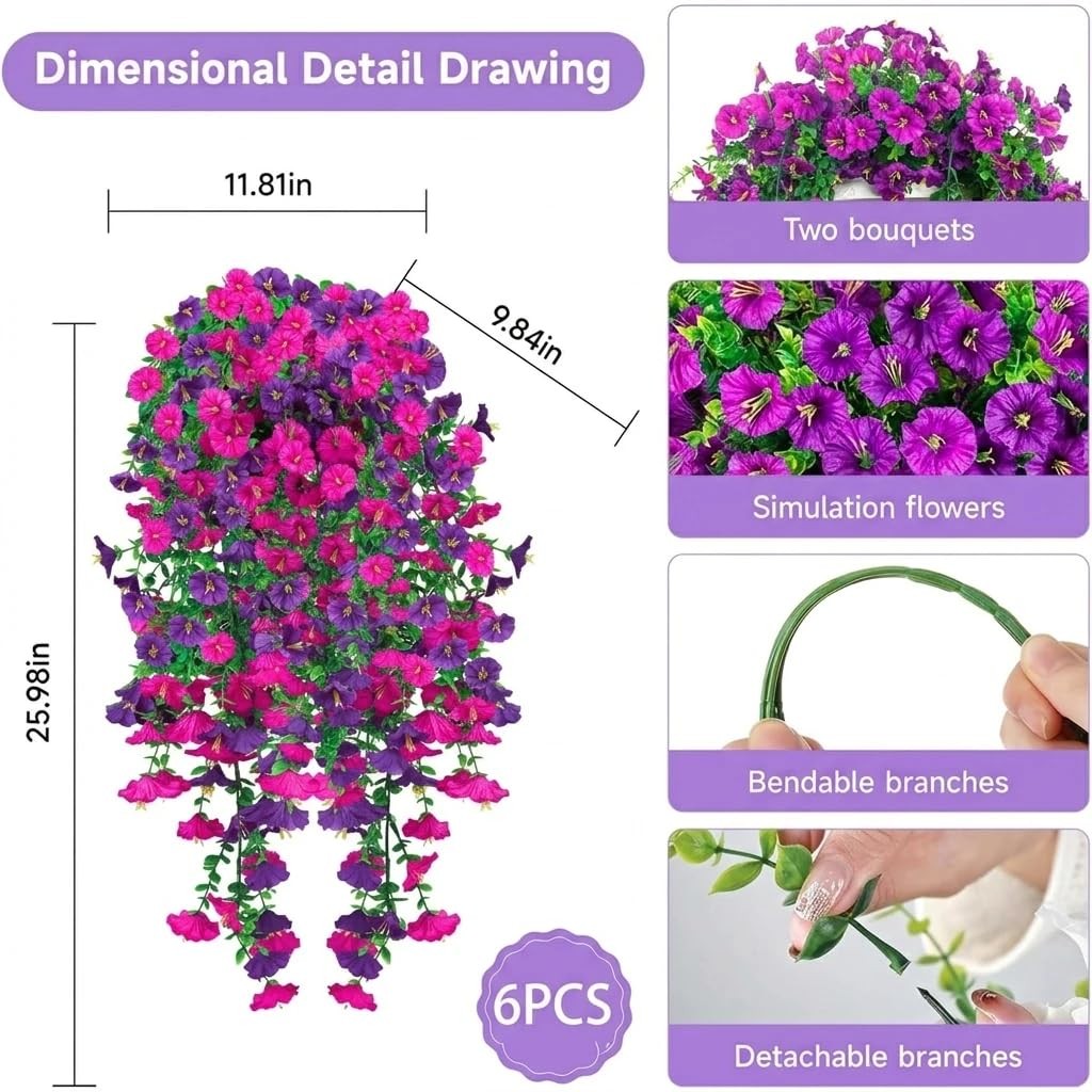 6 Pcs Spring Artificial Hanging Flowers Outdoor Faux Silk Mum Plant Decor Vio…