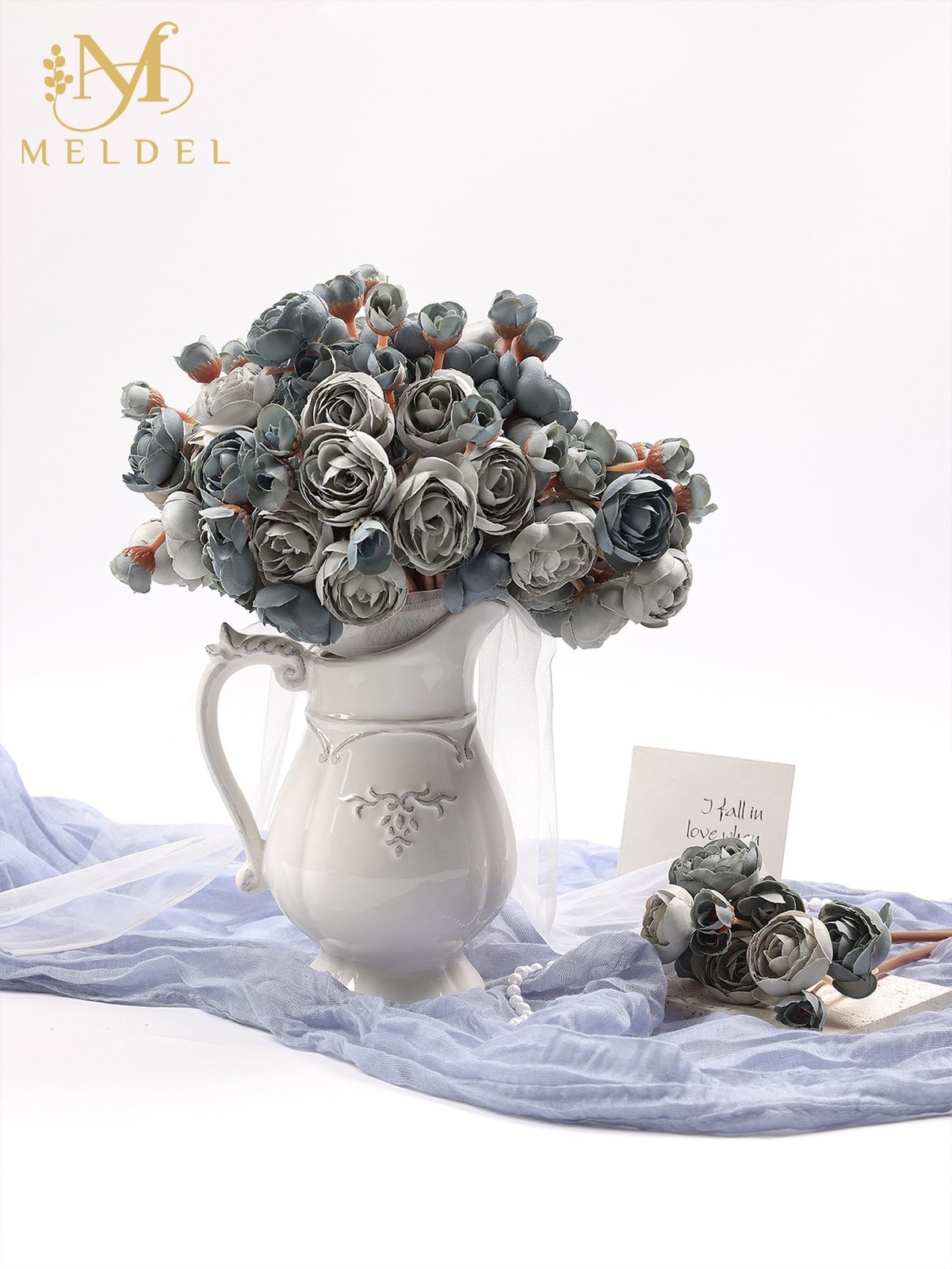 32 PCS Ranunculus Artificial Flower Dusty Blue Mini Rose Faux Fake Peony