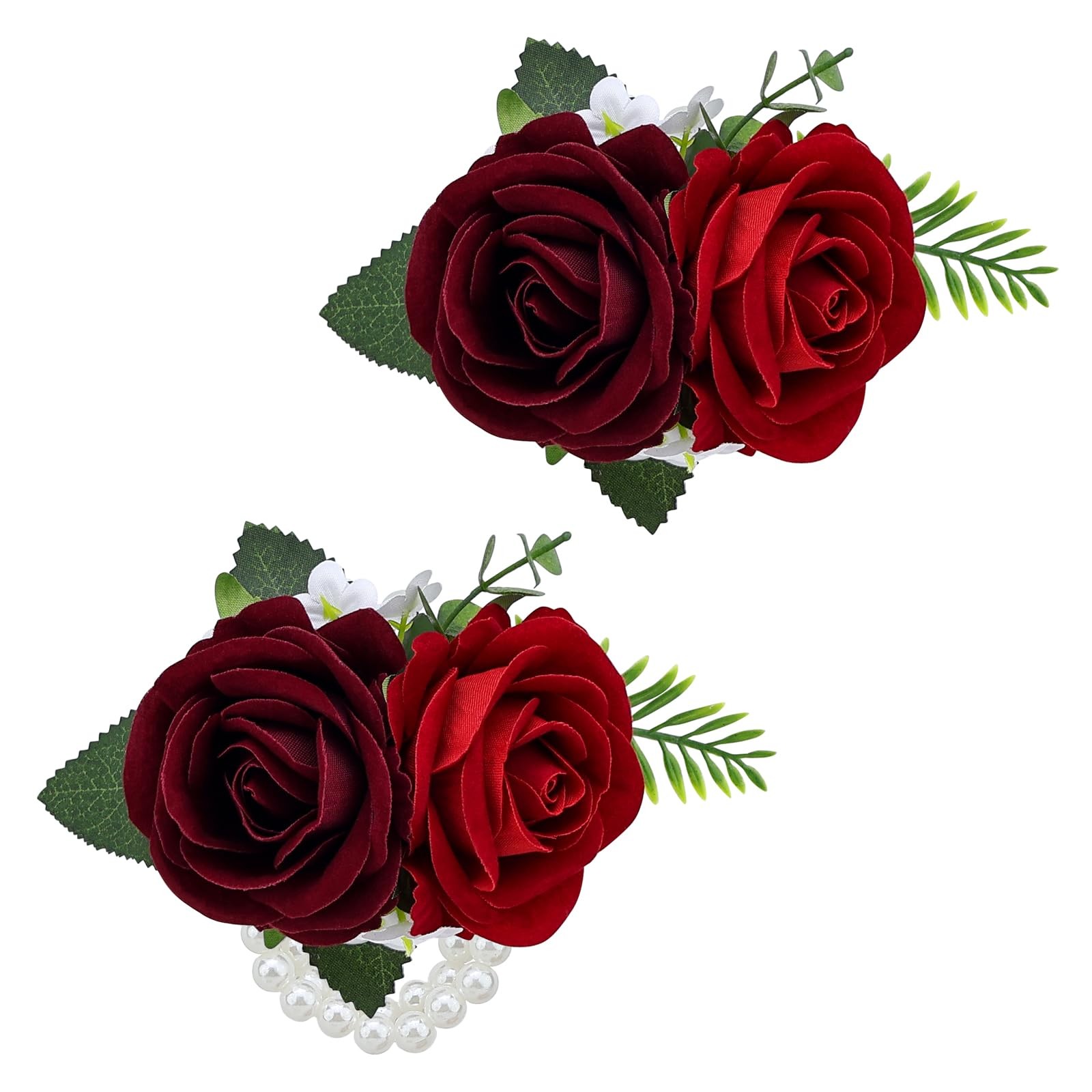 Burgundy Red Rose Wrist Corsage Wristlet Band Men Boutonniere Set 2 PCS Prom