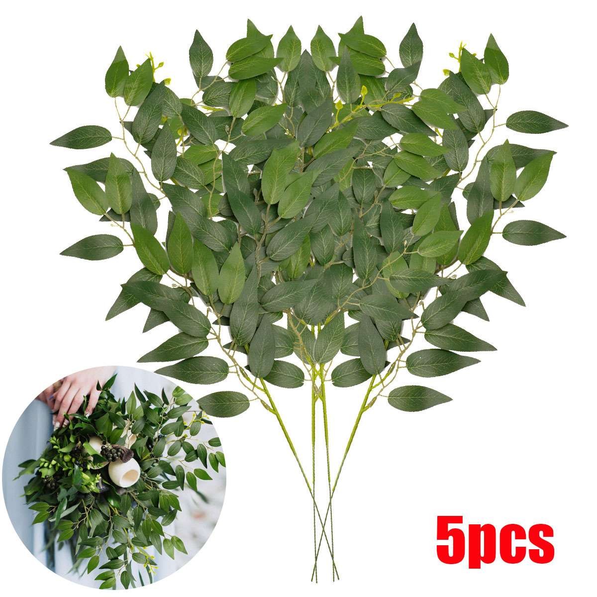 5pcs Artificial Italian Ruscus Greenery Stems 22” Faux Green Leaf Bouquet Decor