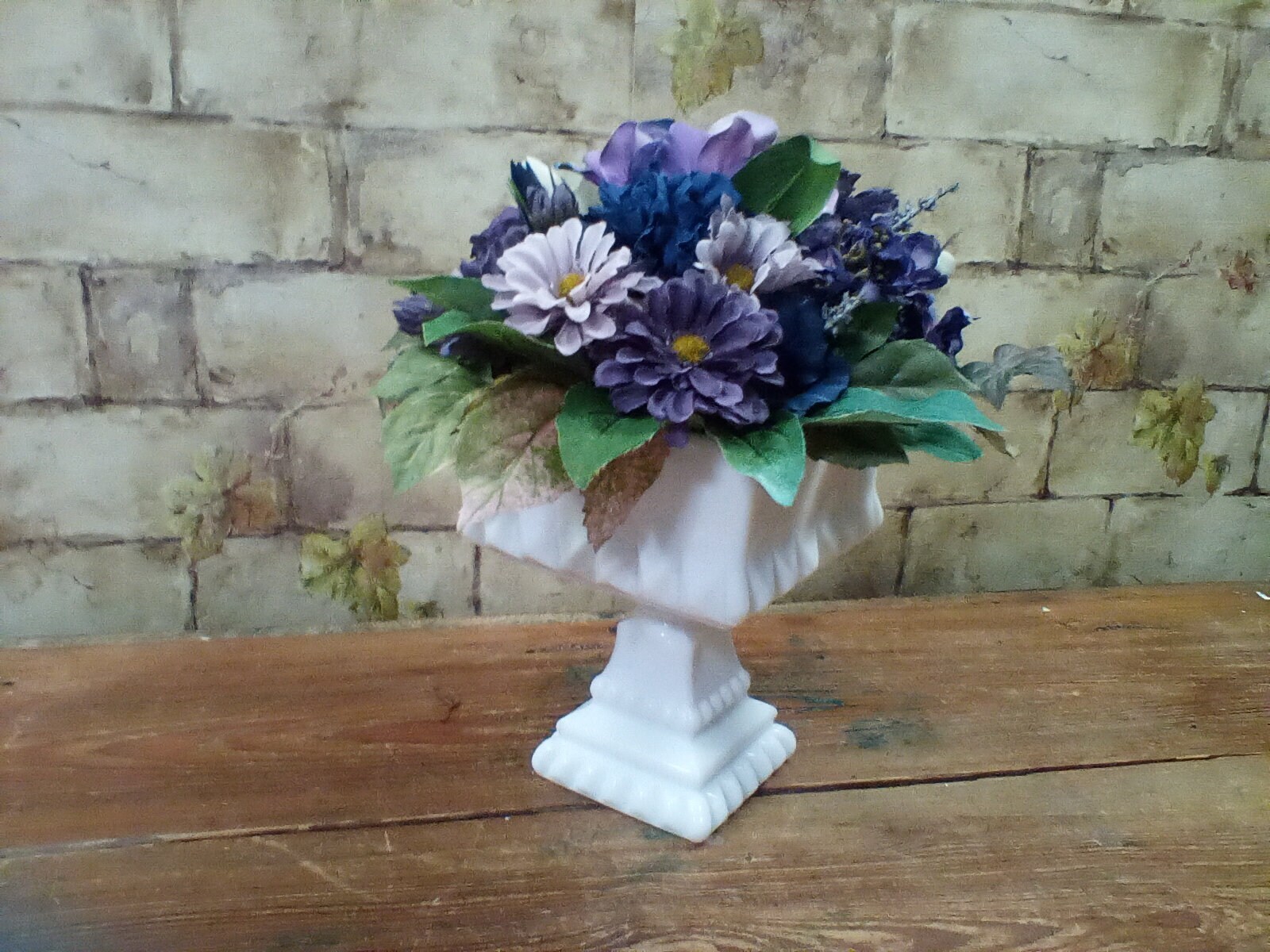 Blue Flower Arrangement in Vintage Milk Glass Pedestal Bowl 12″ Tall by 10″ Wide