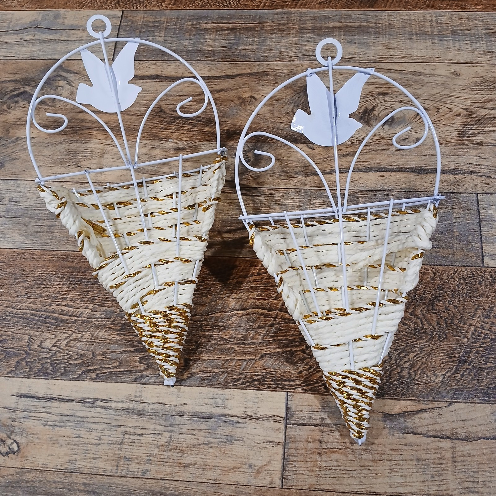 Set of 2 Wall Hanging Cone/Basket. Display Flowers. Cream & Gold
