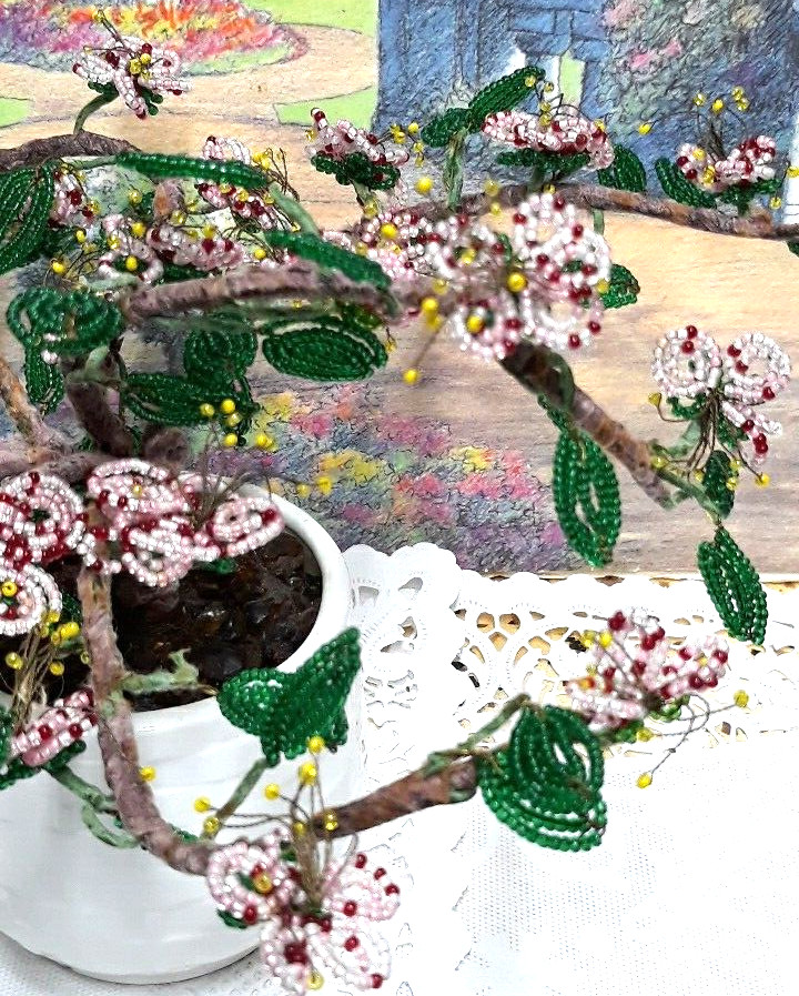 Vintage Crafted Seed Bead Cherry Blossom Bonsai Tree Arrangement in Ceramic Pot