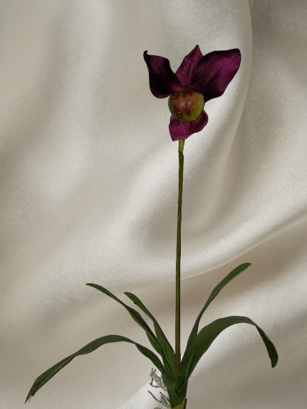 LARGE Artificial Paphiopedilum Lady Slipper Orchid on disc. BURGUNDY