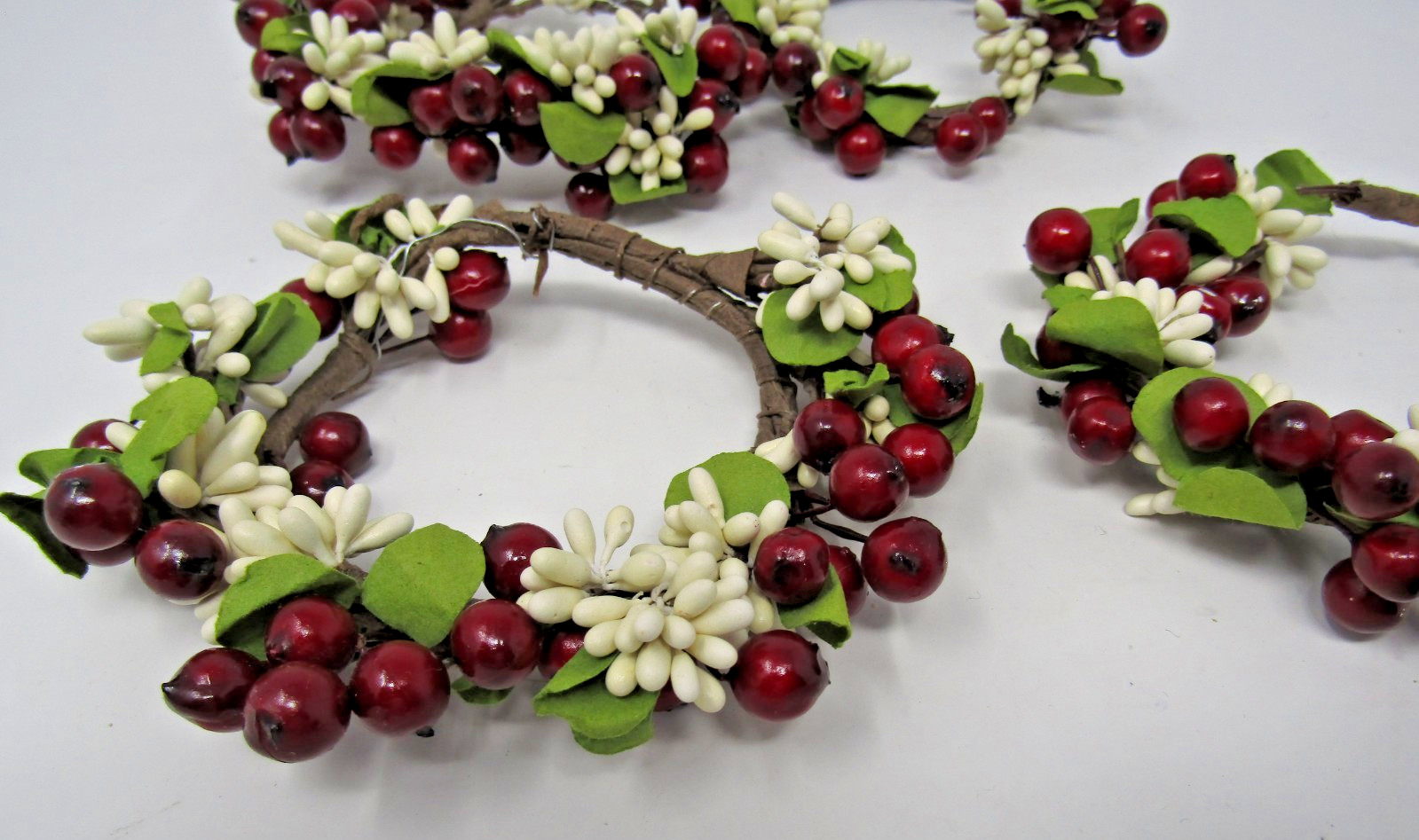 Red Green and White Faux Berries Candle Ring Wreath 2.5″ Opening Lot of 4