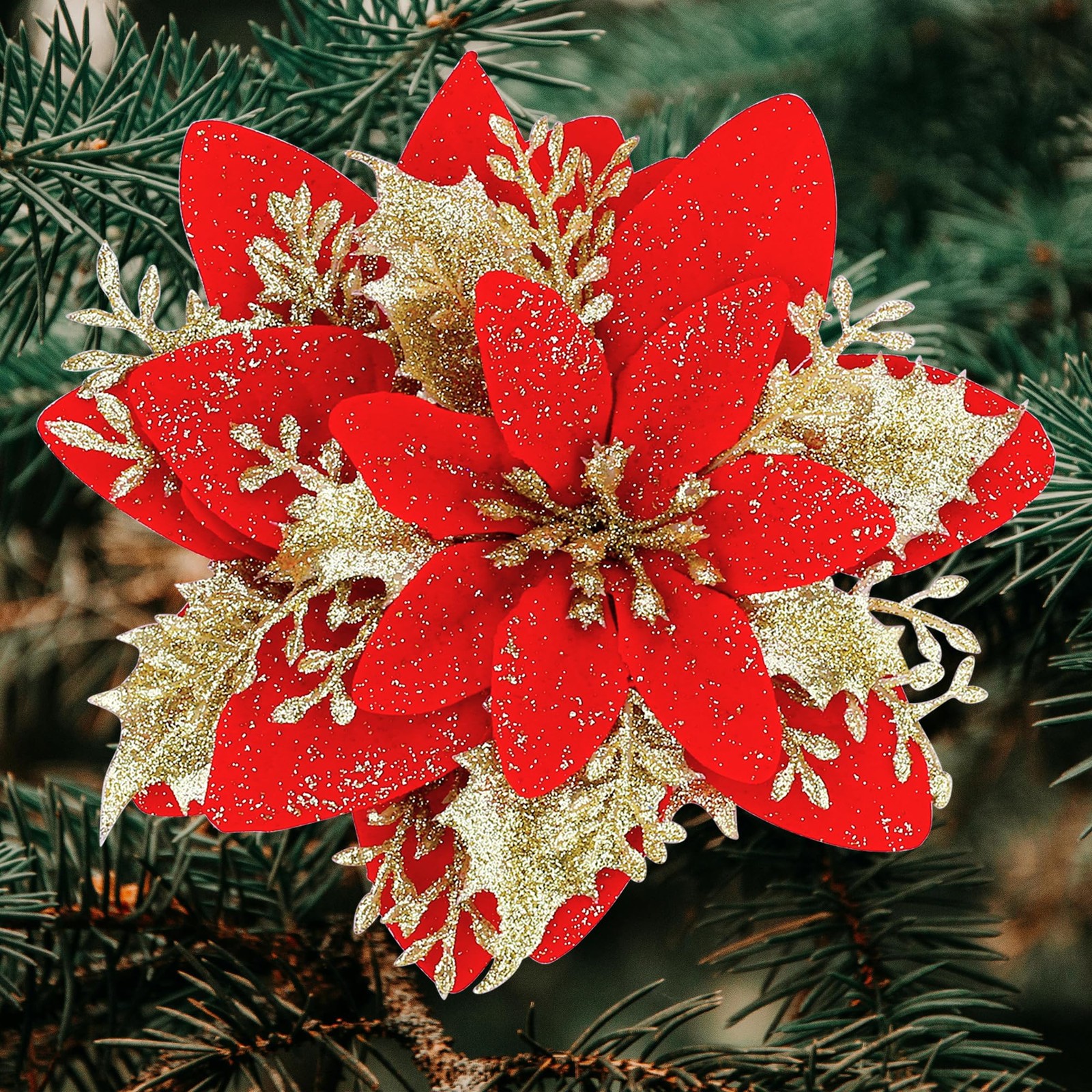 24 Pcs Red Gold Poinsettia Artificial Christmas Flowers 5.5″ Glitter Poinsett…