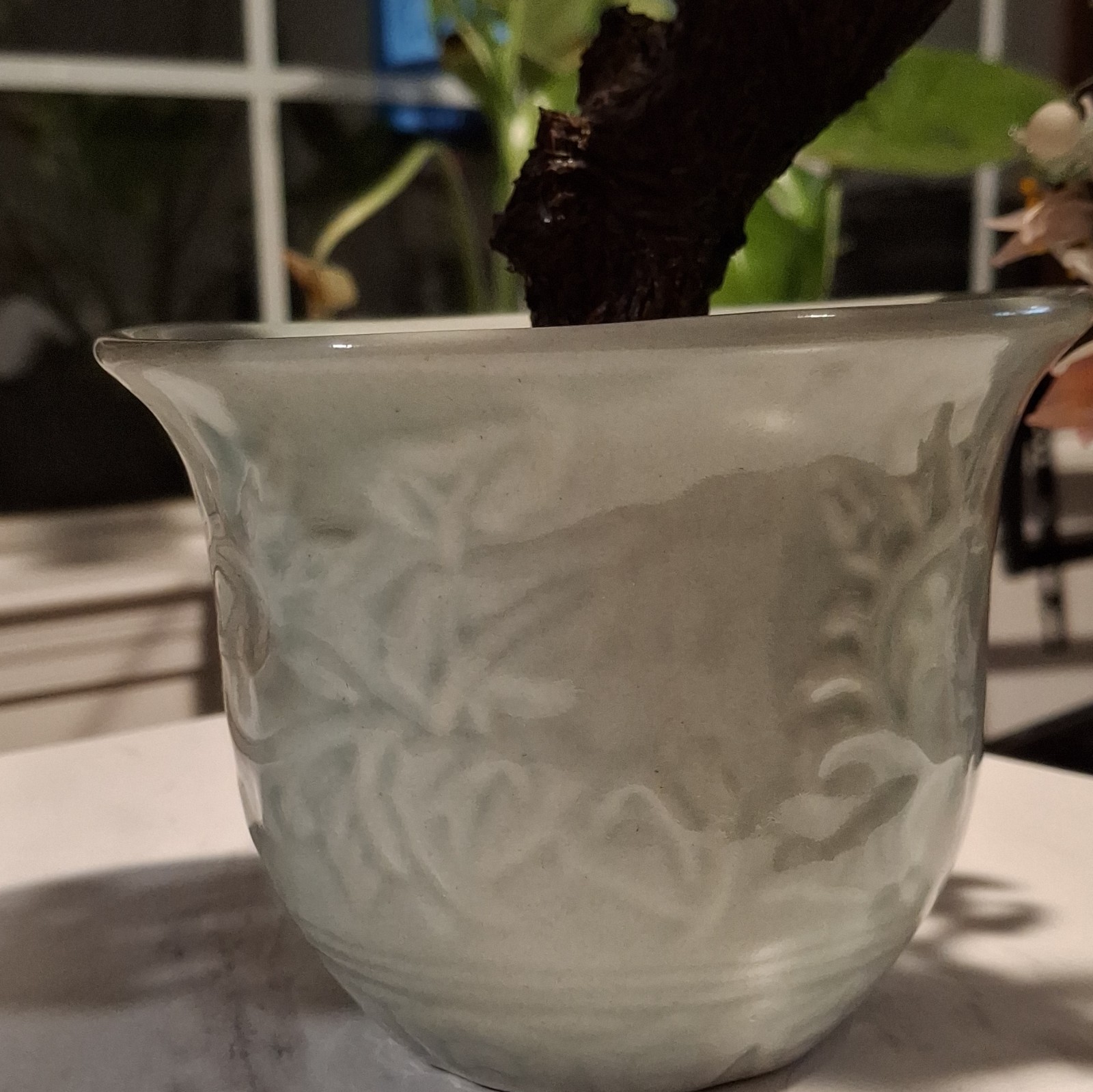 Vintage XLarge Chinese Jade Quartz Bonsai Tree Celadon 19×36” CHERRY Blossoms.