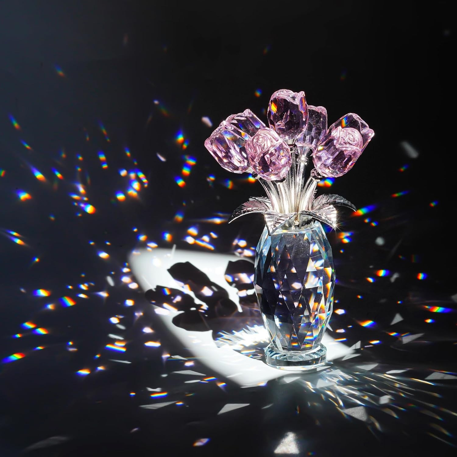 Pink Crystal Rose Bouquet Figurine,Handmade Rose Flower Gifts for Mom Gifts