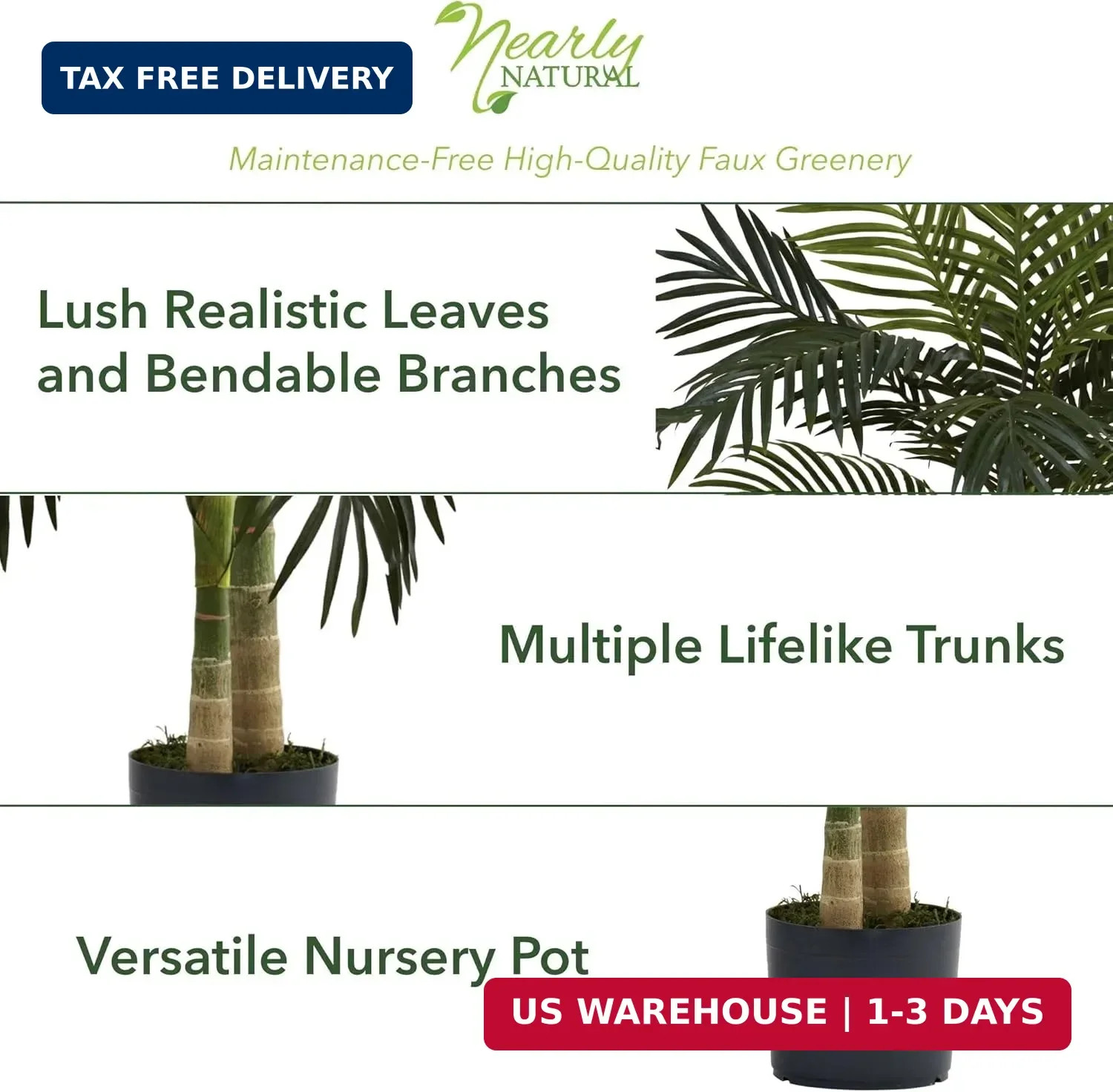 4ft Golden Cane Palm, Double Stalk Artificial Tree With Lush Realistic Foliage M